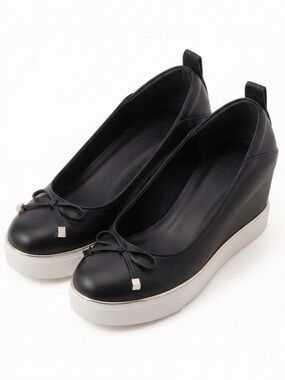 Wishbone Round Toe Wedge Leather Shoe Women's Black Platform Ballet Size 9